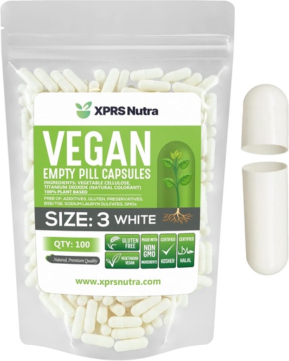 [BRSWGC32DICRUYL6] XPRS Nutra Boyutu 3 Boş Kapsüller - 100 Kont Boş Vegan - Vejetaryen Pills - DIY Sebze Kapsülleri - Veggie Pill Caps (Beyaz)