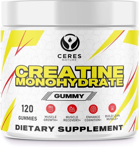 [BRSROAT5CQIRSAAZ] Creatine Monohydrate Gummies for Men & Women-5g of Creatine Monohydrate per Serving - Vegan,Lemon Flavor, 120 Count.