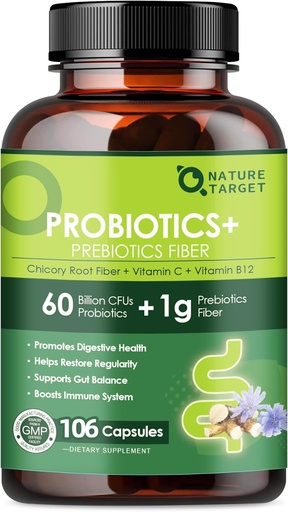 [BRSRAGI2A4NB4FLL] Probiotics for Women Digestive Health with Prebiotic Fiber - Fiber Supplement with 60 Billion Probiotic for Regularity & Gut Cleanse - Supports Occasional Constipation - 106 Veggie Capsules