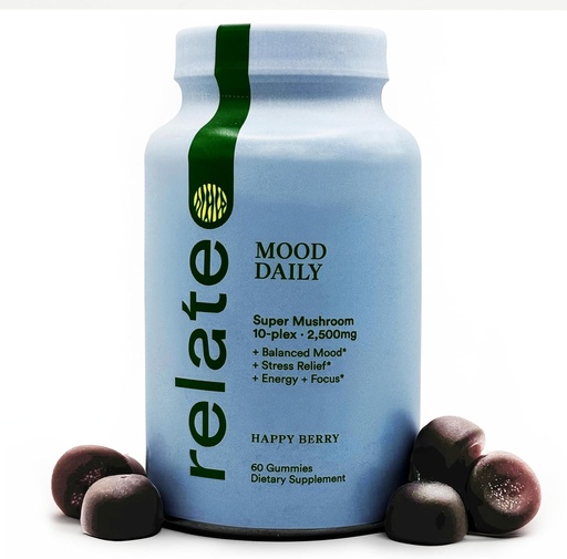 [BRSROCDYCAFRMYL6] relate Mood Daily Happy Berry Gummies - Super Mushroom Complex for Balanced Mood & Cognitive Support - 60 Count