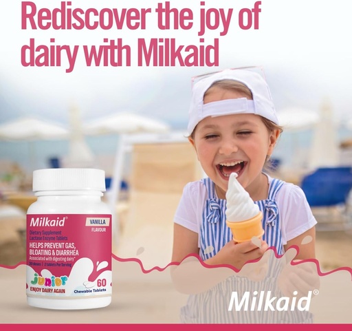 [BRSRABIRDJYBAYAV] Milkaid Junior Flavor Pack | Helps Prevents Gas, Bloating, Diarrhea in Children | Fast Acting Dairy Digestive Supplement for Kids | 180 Tablets