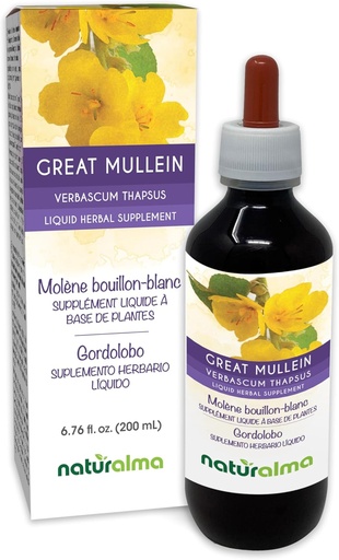 [BRSROBIZB4MBMEI7] Naturalma Great Mullein sau Mullein comun (Verbascum tapsus) Flori și frunze de alcool-Tinctură fără alcool - 6,76 fl oz Extract lichid în picături - Supliment vegetal - Vegan