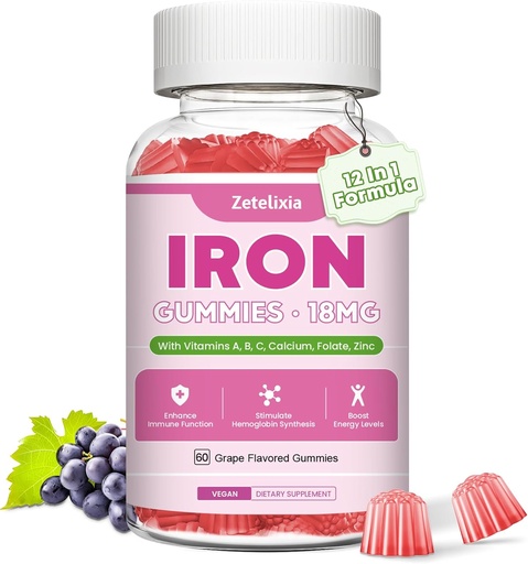 [BRSRAH33OAIWM2DP] Vegan Iron Supplement Gummies for Women & Men, Anemia, Blood Builder & Energy Support for Iron Deficiency, with Vitamin C, A, B Complex, Folate, Beet Root, CoQ10, Zinc, Sugar Free, 60 Count