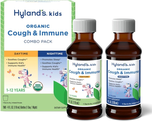 [BRSROEAKCQFGCYD2] Hyland's Kids Organic Cough and Immune Day and Night Combo Pack, Eases Coughs, immunitatea onartzen du, Sleep sustatzen du, Two 4 Fl Oz.