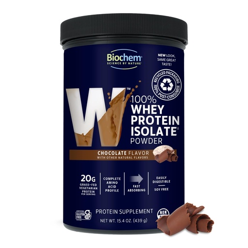 [BRSWIYT7OYOR2CLO] Biochem 100% Whey Protein Isolate, Chocolate, 15.4 oz, 28 Servings | 20g grass-fed whey isolate per serving; certified gluten-free, vegetarian and 99% lactose free