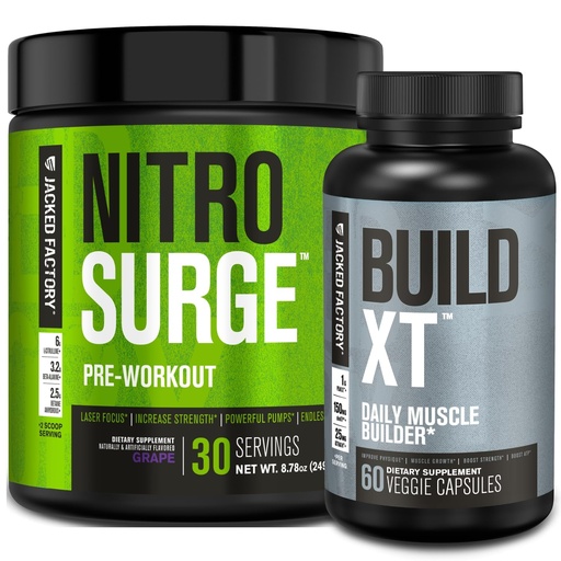 [BRSRMAQEBUNRYDLH] Jacked Factory Nitrosurge Pre-Workout in Grape & Build XT Muscle Building Bundle for Men & Women