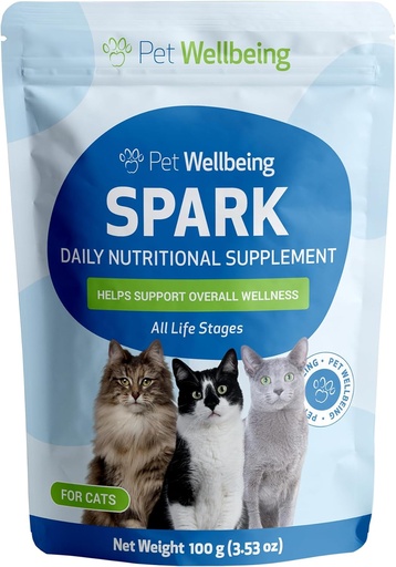 [BRSRA2YTAEPA2CQZ] Pet Wellbeing Spark Daily Nutritional Greens Superfood for Cats - Probiotics, Prebiotics, Digestive Enzymes, Amino Acids, Antioxidants, Vitamin D, Spirulina - Veterinarian-Formulated 3.53 oz (100 g)