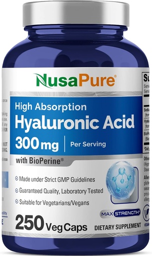 [BRSWGZLQA4IQ4CIV] NusaPure Hyaluronic Acid 300mg 250 Veggie Capsules (Non-GMO, Vegan)