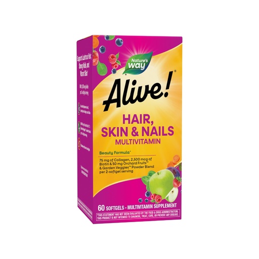 [BRSWKGYFAENBEGTI] Nature's Way Alive! Hair Skin and Nails with Collagen 75 mg & Biotin 2500 mcg per 2-softgels, Dietary Supplement for Healthy Hair Skin and Nails Support*, 60 Softgels (Packaging May Vary)