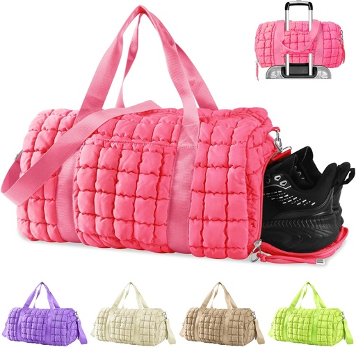 [BRSRAGD4BMOQGDLH] Quilted Gym Bag Duffle for Women,Duffle Bag for Travel with Shoes Compartment,Puffer Weekender Bags Overnight Carry On Bag with Trolley Sleeve for Airplanes,Personal Item Sports Duffel Dance Bag(Pink)