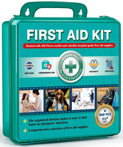 [BRSROGDQAV7B4C3P] General Medi 360 Pieces Hardcase First Aid Kit - Comprehensive Large First Aid Box Contains Premium Medical Supplies for Travel, Home, Office, Vehicle, Camping, Workplace & Outdoor