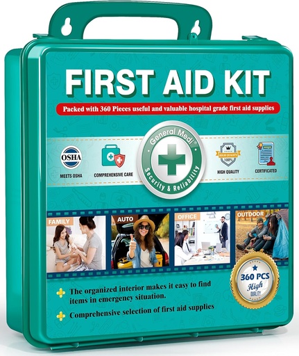 [BRSROGDQAV7B4C3P] General Medi 360 Pieces Hardcase First Aid Kit - Comprehensive Large First Aid Box Contains Premium Medical Supplies for Travel, Home, Office, Vehicle, Camping, Workplace & Outdoor