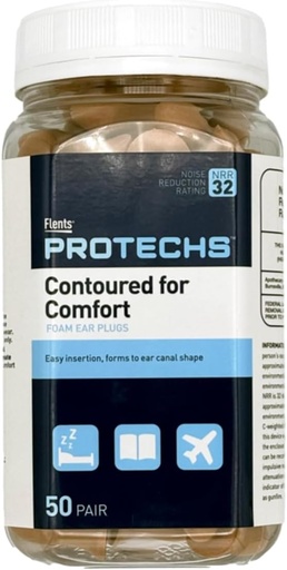 [BRSWIYQOAR5WAEI5] Flents Protechs Disposable Foam Ear Plugs, Contoured for Comfort, Ideal for Work, Loud Noise, Heavy Machinery, Construction, Studying, Shooting & Traveling, NRR 32, Beige, Easy to Use, 50 Pair