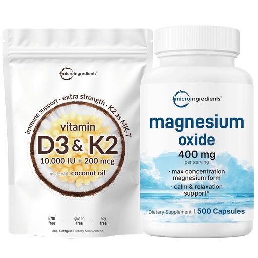 [BRSRABQHBN6RQ3DD] Micro Ingredients Vitamin D3 10,000iu + K2 200mcg Coconut Oil Softgels & Magnesium Oxide 400mg Bundle Pack | Essential Sunshine Vitamins | Elemental Form for Max Concentration
