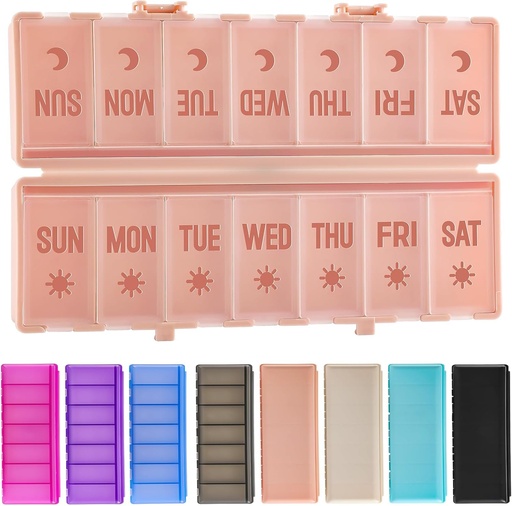 [BRSRAFAOBUIWKC35] Foldable Pill Organizer 2 Times a Day w/Etched Labels -Dual Protection & Portable Weekly AM PM Pill Box, 7 Day Medicine Container, Large Travel Pill Case for Week Daily Supplement Vitamin - Pink