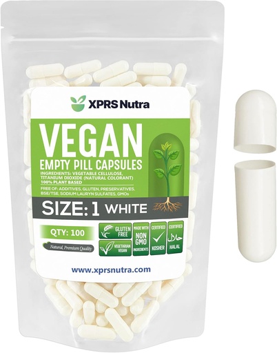 [BRSWGCARBADQEHTZ] XPRS Nutra Size 1 Empty Capsules - 100 Count Empty Vegan Capsules - Vegetarian Pills - DIY Vegetable Capsule Filling- Veggie Pill Caps for Do-It-Yourself Supplements (White)