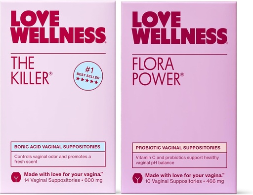 [BRSRM2T3OYBRYYL5] Love Wellness The Killer & Flora Power | Vaginal Suppository Duo with Boric Acid, Probiotics & Vitamin C | Supports pH Balance, Odor Control & Feminine Health | Fragrance-Free, Non-GMO & Paraben Free