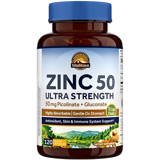 [BRSRAH35AUOREFDK] Vitalitown Chelated Zinc 50 mg, Zinc Picolinate & Gluconate, 120 Veggie Capsules, Well-Absorbed, Immune System, Healthy Skin & Development, Vegan, NO Gluten, Non-GMO