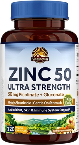 [BRSRAH35AUOREFDK] Vitalitown Chelated Zinc 50 mg, Zinc Picolinate & Gluconate, 120 Veggie Capsules, Well-Absorbed, Immune System, Healthy Skin & Development, Vegan, Non-GMO
