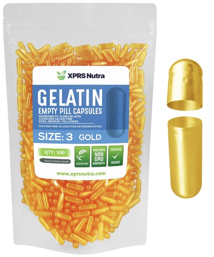 [BRSWYCQROZYWM2T6] XPRS Nutra Size 3 Empty Capsules - 500 Count Empty Gelatin Capsules - Pills DIY Capsule Filling - Pure Bovine Pill Gel Caps Fillable for Do-It-Yourself Vitamins and Supplements (Gold)