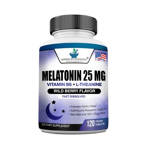 [BRSWYBQ7OACRYYLL] Melatonin 25mg Per One Tablet, 120 Chewable Tablet with L-Theanine & Vitamin B-6, Supports Healthy Sleep Cycle , Promotes Calming & Restful Sleep, Vegan, NON GMO, Made In USA