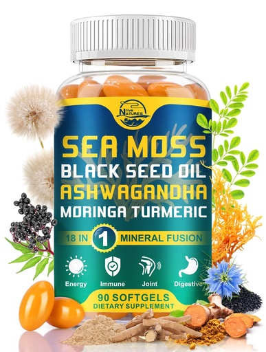 [BRSRAAYZOQCBO2T4] Nature's live Organic Sea Moss Softgels, with Black Seed Oil, Ashwagandha, Bladderwrack, Ginger, Burdock Root, Manuka Honey, Cinnamon for Immune System, Skin, Energy, 90 Softgels, 1 Pack