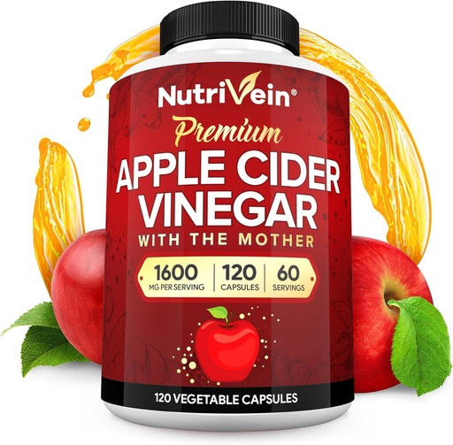 [BRSWGEA5CBYGMETU] Nutrivein Premium Apple Cider Vinegar Supplements with Mother - 1600 mg - 120 Apple Cider Vinegar Capsules: ACV Pills for Digestion, Keto, Cleansing, and Balanced Nutrition
