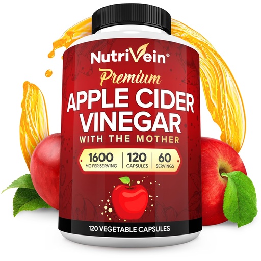[BRSWGEA5CBYGMETU] Nutrivein Premium Apple Cider Vinegar Supplements with Mother - 1600 mg - 120 Apple Cider Vinegar Capsules: ACV Pills for Digestion, Keto, Cleansing, and Balanced Nutrition