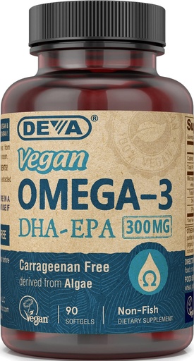 [BRSWIEYHPN7QIHTO] DEVA Vegan Omega-3 DHA-EPA 300MG – No Carrageenan, Non-Fish Oil Derived from Algae, Non-GMO, 90 Gelatin-Free Softgels