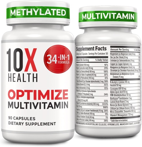 [BRSRAZY2AEMRAG32] 10X Health Optimize Multivitamin til mænd - 90 kapsler, Methyleret Multivitamin 34 i 1 Formel med 800 mcg vitamin B12, 5-MTHF, NAC - Methyl B Complex, MTHFR supplement