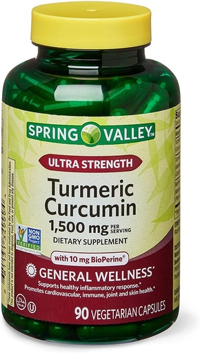 [BRSRMZD3OYGRYCA3] Spring Health 2 Set- Spring Valley Ultra-Strength Turmeric Curcumin 1,500mg 90 Capsules + Your Vitamin Guide, 1.0 Count