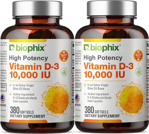 [BRSWKYQ5BAFWGHLI] biophix Vitamin D-3 10000 IU 380 Softgels Vitamin 2 Pack - High-Potency in Extra Virgin Olive Oil Non-GMO Soy-Free Supports Strong Bones Immune Health