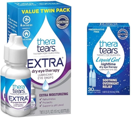 [BRSROAINOIDWOCD5] TheraTears Extra Dry Eye Therapy Lubricating Eye Drops for Dry Eyes, 0.5 fl oz Bottle, 2 Count(Pack of 1) & Liquid Gel Nighttime Lubricating Eye Drops for Dry Eyes, Single-Use Vials, 30 Count