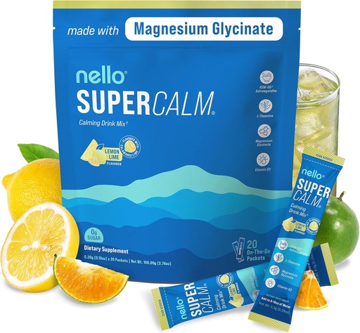 [BRSROBT7PIBRO3T6] Nello Supercalm Drink Mix - Ashwagandha KSM 66, Magnesium Glycinate & L-Theanine Supplement, Vitamin D3 - Ashwagandha Root Extract - Focus and Relaxation Support (20 Travel Packets) - Lemon Lime