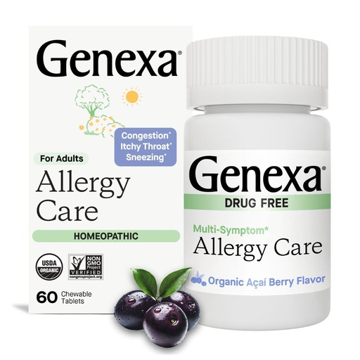 [BRSWKFAKAR5AOELE] Genexa Allergy Care | Drug Free, Non-Drowsy Allergy & Decongestant Remedy for Adults | Vegan & Non-GMO | Homeopathic Allergy Relief Made Clean | Organic Acai Berry Flavor | 60 Chewable Tablets