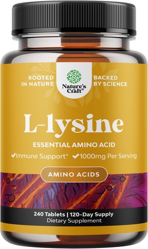 [BRSRM235AUBQAETG] Natures Craft Lysin 1000mg per Serving Nutritional Supplements - L-lyzín Esenciálne aminokyseliny pre očné zdravie Starostlivosť o pery Kosti Podpora imunitného systému Rast svalov a vegetariánske kolagén 240 Tablety