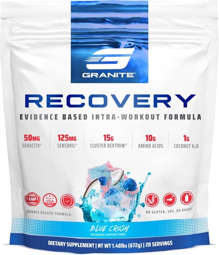 [BRSWGYY6DN7WEA3B] Granite Recovery Intra and Post-Workout Supplement, Blue Crush Flavor, with 10g Aminos, Electrolytes, Cluster Dextrin, & Sensoril, Supports Muscle Recovery & Growth (20 Servings)