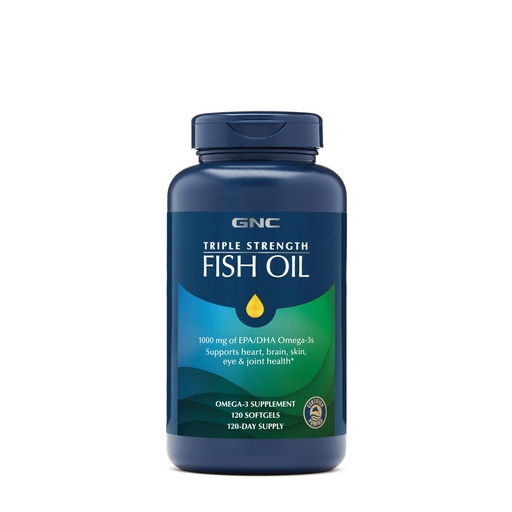 [BRSWKHAKCAFAI2DU] GNC Triple Strength Fish Oil Omega 3 Supplement, 1000mg EPA and DHA, Supports Heart, Brain, Skin, Eye and Joint Health, Burpless, Ultra Concentrated, High Potency, Wild Caught, 120 Softgels