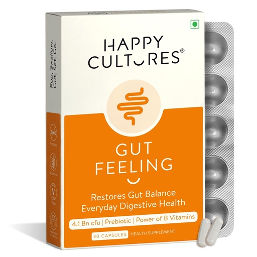 [BRSROZ3RAB4AMALL] VELBIOM Happy Cultures Gut Feeling Digestion Supplement| Unique Blend Of Probiotics For Daily Digestive Health| B-Vitamins Gut Digestion |Clinically Tested For Men and Women - 30 Veg Capsules