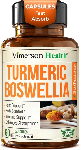 [BRSWGGA3OYBBM33D] Turmeric Curcumin Supplement with Boswellia Serrata, Ginger Root, Organic Turmeric Powder & Black Pepper - 95% Curcuminoids Turmeric Supplement with Boswellia Extract - 60 Gluten Free Tumeric Capsules