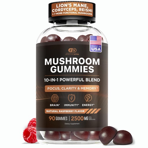 [BRSRMYIPOV6RUAIZ] Effective Nutra Mushroom Gummies 2500mg - 10in1 Lion’s Mane, Reishi, Chaga, Cordyceps & More - Focus, Clarity, Memory, Immunity, Energy - Natural Raspberry Flavor, Vegan, Made in USA (90 Count)