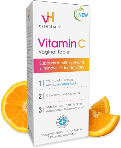 [BRSWYBICPMFGM3Q7] vH essentials Vitamin C Vaginal Tablet - Boric Acid Suppository Alternative - Supports Healthy pH and Eliminates Vaginal Odor Naturally, Suppositories for Vaginal Health 6 Count, 1 Applicator