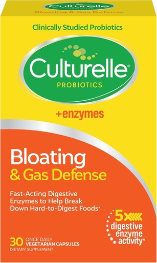 [BRSROCYKCN6GECD3] Culturelle Bloating & Gas Defense, Prebavni encimi in probiotiki za prebavno zdravje, 30 Kapsule, podpira občasno prebavne motnje in nelagodje