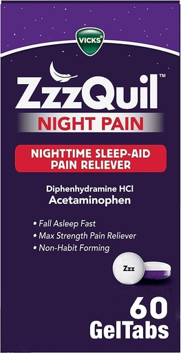 [BRSWYZD3CIIQMG3H] ZzzQuil Night Pain GelTabs, Nighttime Pain Relief, Sleep Aid Tablets, Diphenhydramine HCl and Acetaminophen, No.1 Sleep Aid Brand, Max Strength Pain Reliever, 60 GelTabs