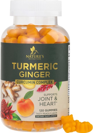 [BRSWYYITBZYRM33V] Turmeric Curcumin Supplement Gummies - 95% Curcuminoids with Turmeric & Ginger, Black Pepper for Best Absorption, Nature's Vegan Joint Support, Non-GMO, Gluten Free, Tasty Peach Flavor - 120 Gummies
