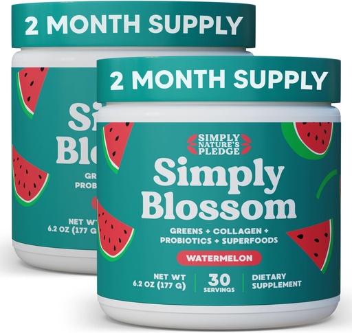 [BRSRAHYFDF7GKEL6] Simply Blossom Nutrition Daily Greens & Superfood Powder + Collagen + Probiotics for Women's Digestive Health & Bloating Relief. Help Your Health Bloom - 2 Month Supply - Watermelon