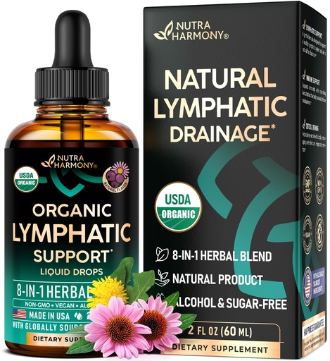 [BRSROHDQCADRU2YV] USDA Organic Lymphatic Drainage Supplement - Echinacea | Elderberry | Dandelion | Rosehip | Cleavers | Calendula | Burdock - Made in USA - Lymph System Drops - Immune Support, Cleanse & Detox, 2 fl oz