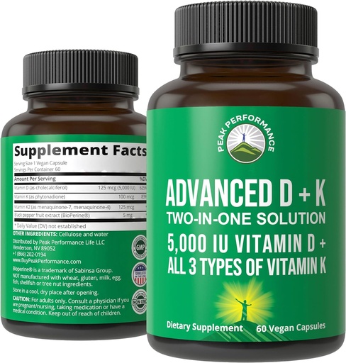 [BRSWGZY3OZ7QKGT4] Csúcs Teljesítmény Advanced D-vitamin 5000 NE mind a 3 típusú K-vitamin D3 és K2-vitamin, K1, MK7 (MK7), MK4 kiegészítés. Kicsi és könnyen nyelhető növényi tabletták (5000 NE)