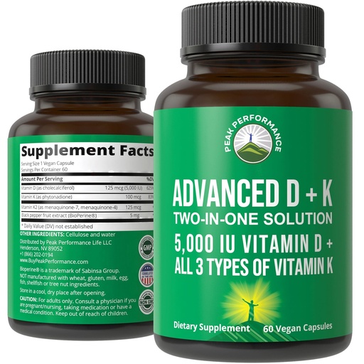 [BRSWGZY3OZ7QKGT4] Peak Performance Advanced Vitamin D 5000 IU with All 3 Types of Vitamin K Vitamin D3 and Vitamin K2, K1, MK-7 (MK7), MK4 Supplement - 60 Small and Easy to Swallow Vegetable Pills
