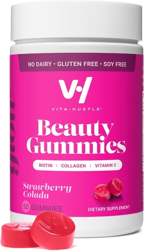 [BRSROEIEAQBRUHLJ] VitaHustle Beauty Gummies, 2500 mcg Biotin, 100 mg Collagen, Vitamin C, B-Complex, Strong Hair, Skin Nails, Low Sugar, Non GMO, Strawberry Colada, 50 Count